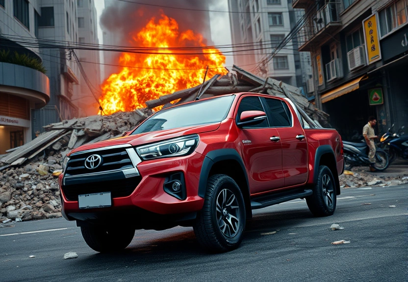 Representação visual de Toyota Hilux Narrowly Escapes Catastrophic Street Collapse in Bangkok