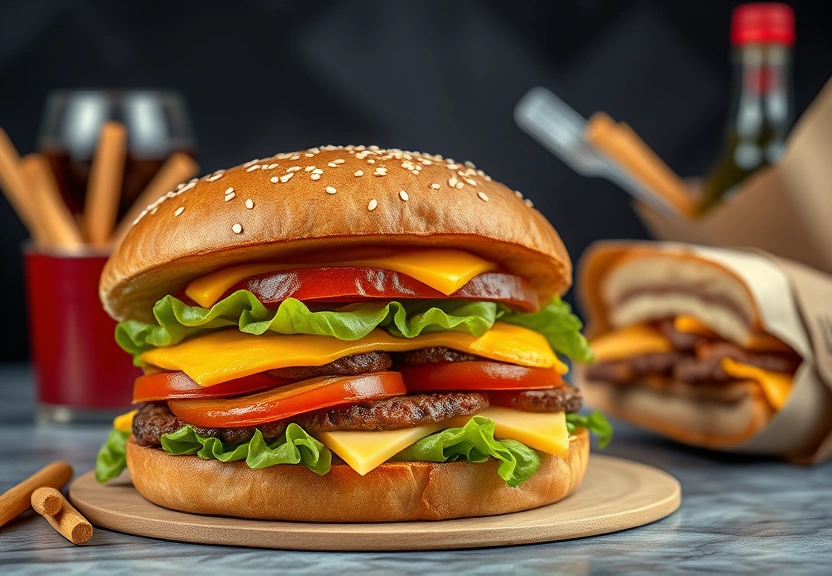 Representação visual de ¡Esta hamburguesa es tan grande y jugosa que el pan apenas puede sostenerla!